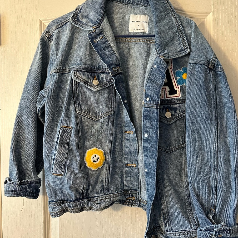 Celebrity Pink Blue Jean Jacket with Decorative Flair
